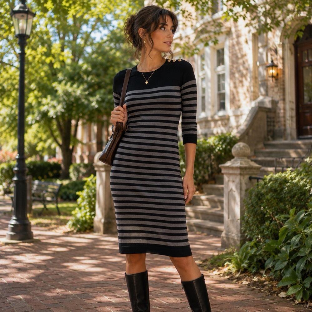Allison Brittney Dress Sz M Striped Sweater Knit Midi Mod Preppy Dark Academia